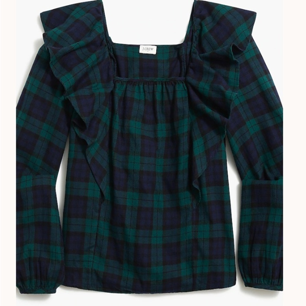 J. Crew Women's Plaid Ruffle Top - Green and Blue